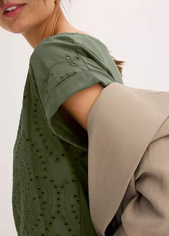 Póló lyukacsos csipkével • sötétkeki • bonprix áruház