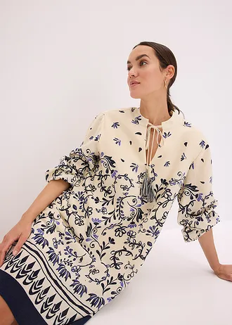 Krótka sukienka boho z materiału o wyglądzie lnu • kremowo-granatowy w kwiaty • sklep bonprix