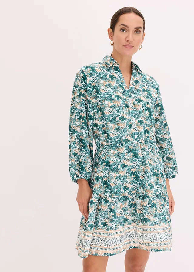 Robe effet lin, Couleur: écru/vert poivre imprimé