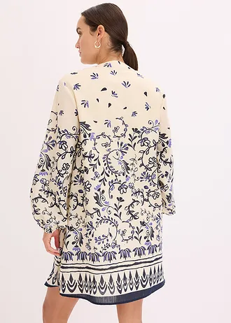 Korte boho jurk in linnenlook, Kleur: naturel/donkerblauw gebloemd