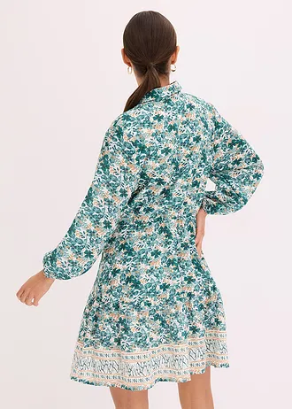 Šaty se vzhledem lnu, barva: přírodní bílo-zelený pepř s potiskem