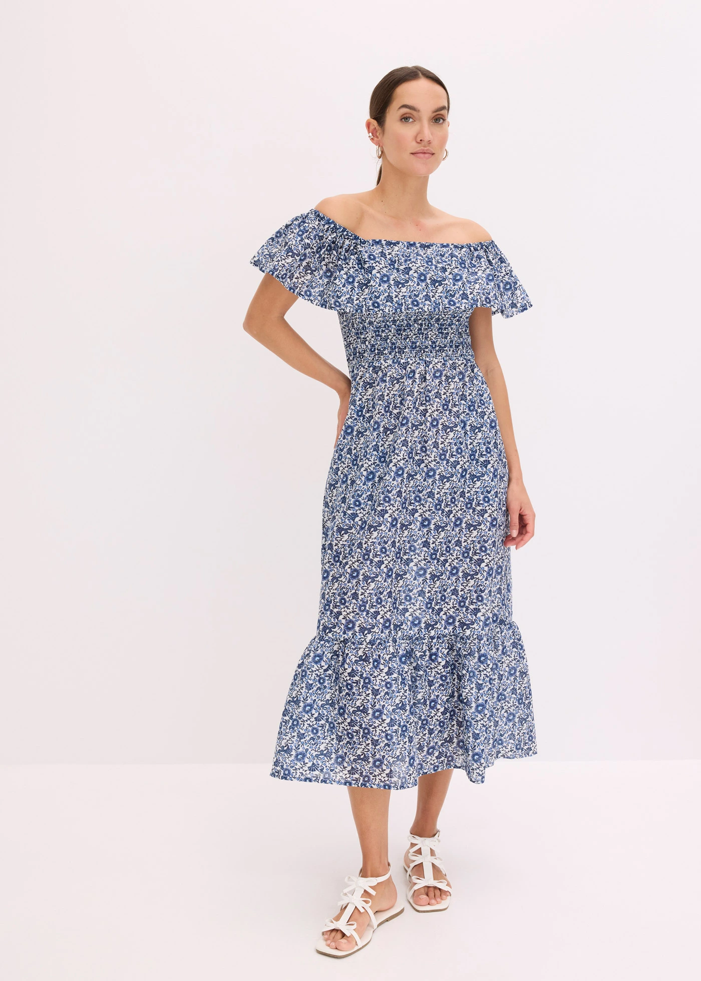 Boho midi šaty s výstřihem Carmen, z lehké bavlny • modrá s potiskem • bonprix obchod