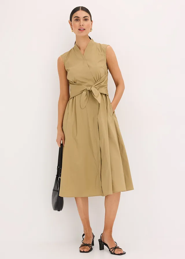 Jurk met strikdetail, Kleur: kakibruin