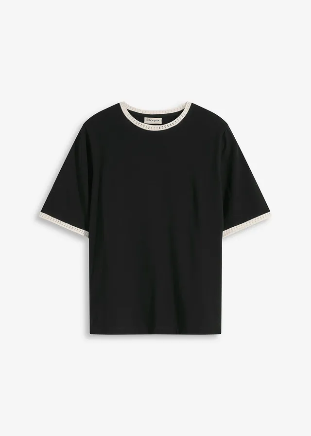 Shirt met kanten rand, Kleur: zwart/wolwit