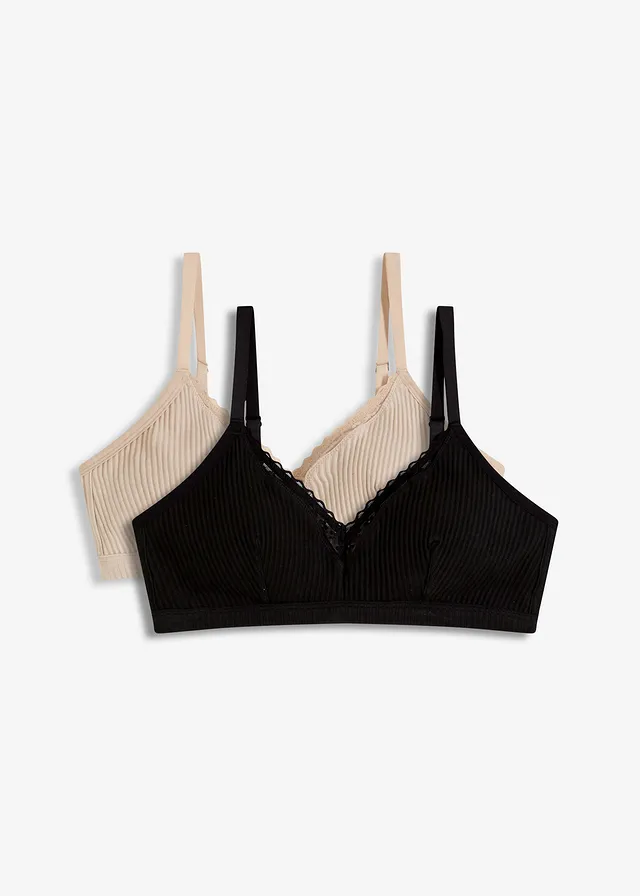 Bralette zonder beugels met gevulde cups en biologisch katoen (set van 2), Kleur: zwart+krijtbeige