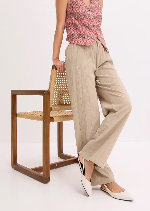 Wijde broek van gestructureerde crinkle • beige • product-page.page-title-suffix