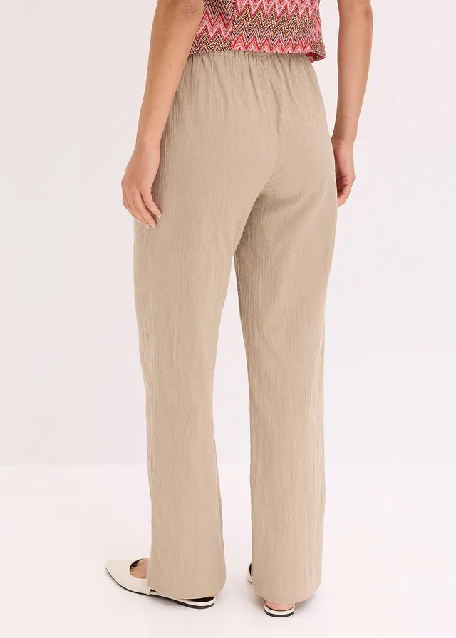 Wijde broek van gestructureerde crinkle, Kleur: beige