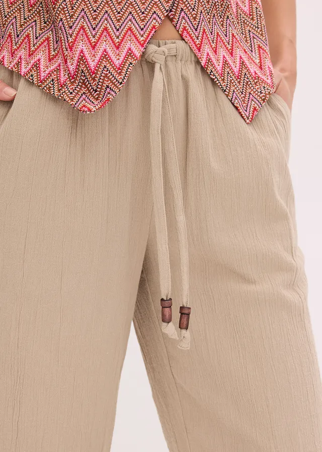 Wijde broek van gestructureerde crinkle • beige • product-page.page-title-suffix