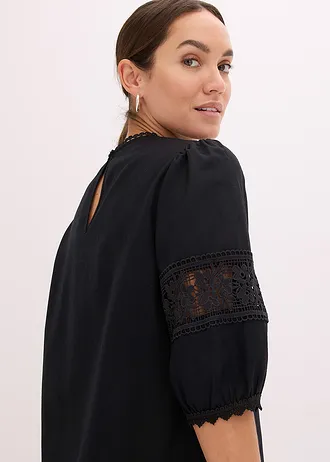 Halenka s krátkým rukávem a podílem lnu • černá • bonprix obchod