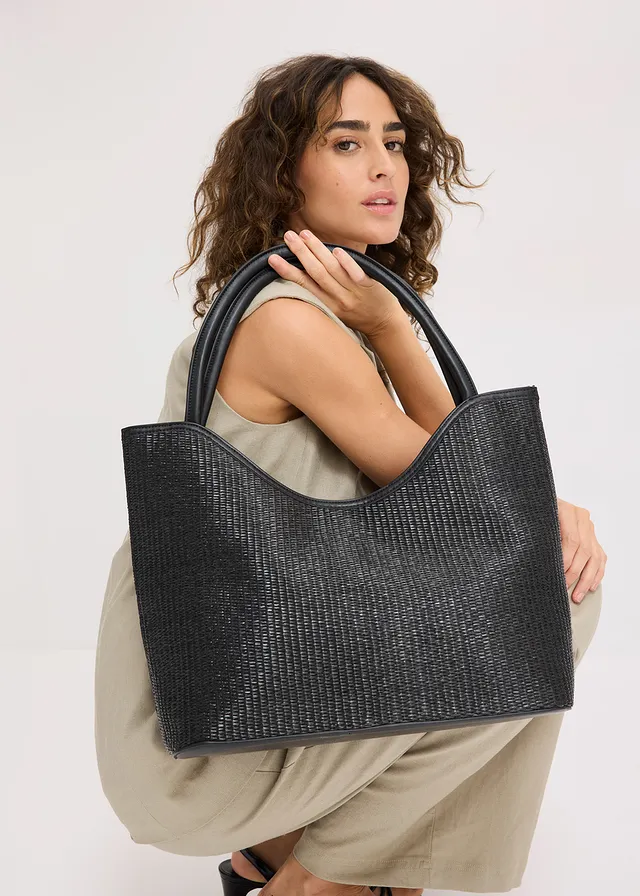 Torba typu shopper w optyce plecionki • czarny • sklep bonprix