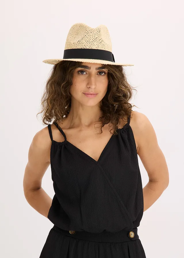 Chapeau de soleil avec ruban contrastant, Couleur: naturel/noir