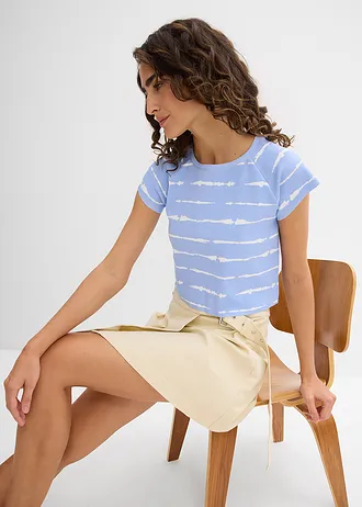 Krátké žebrované tričko • perlově modro-bílá batika s potiskem • bonprix obchod