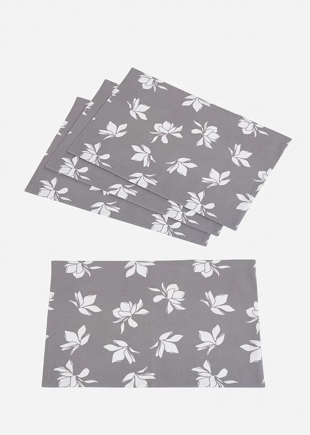 Set accesorii masă din bumbac organic, cu imprimeu floral (pachet/4 bucăți)