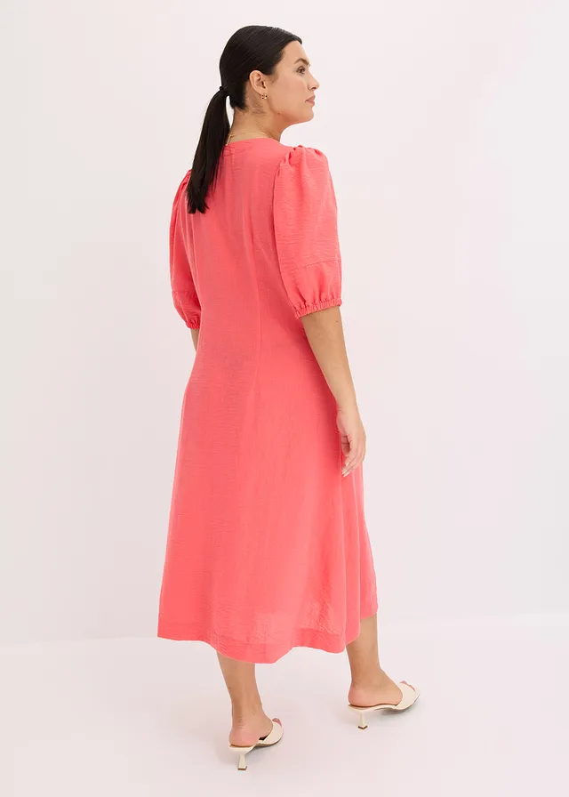 Uitlopende midi jurk met pofmouwtjes, Kleur: paradijspink
