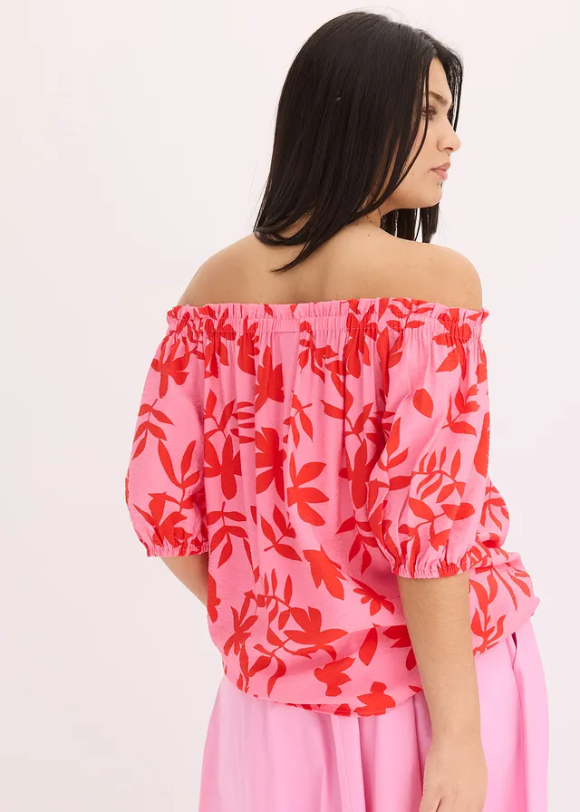 Gedessineerde Carmen blouse van een fijne viscosemix, Kleur: rood-pink gebloemd