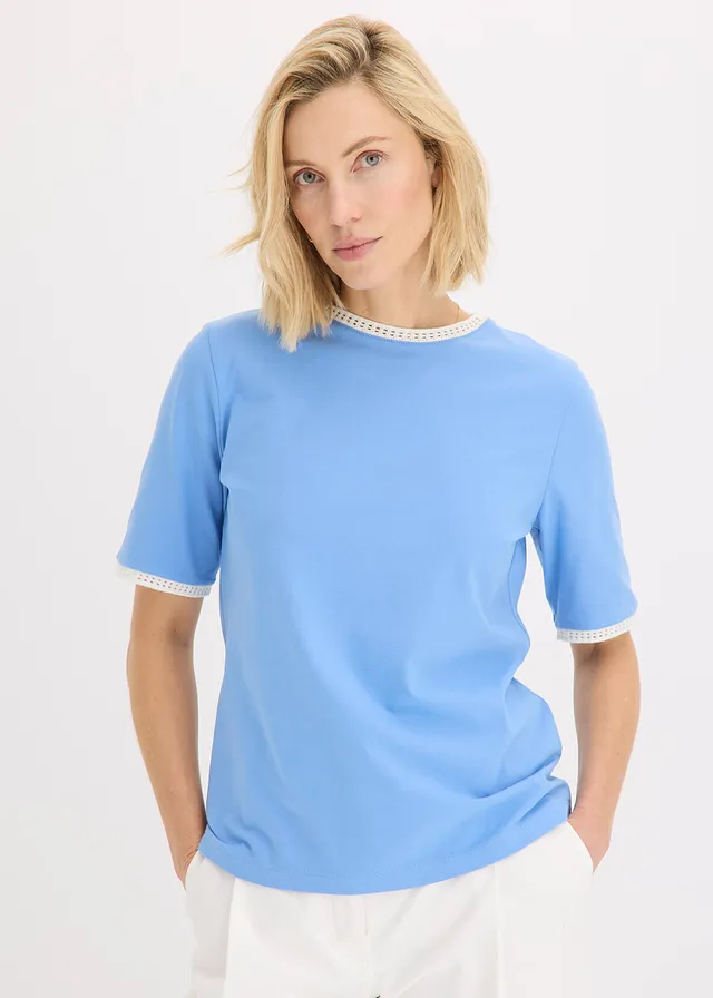 T-shirt à liserés en dentelle, Couleur: bleu moyen-écru