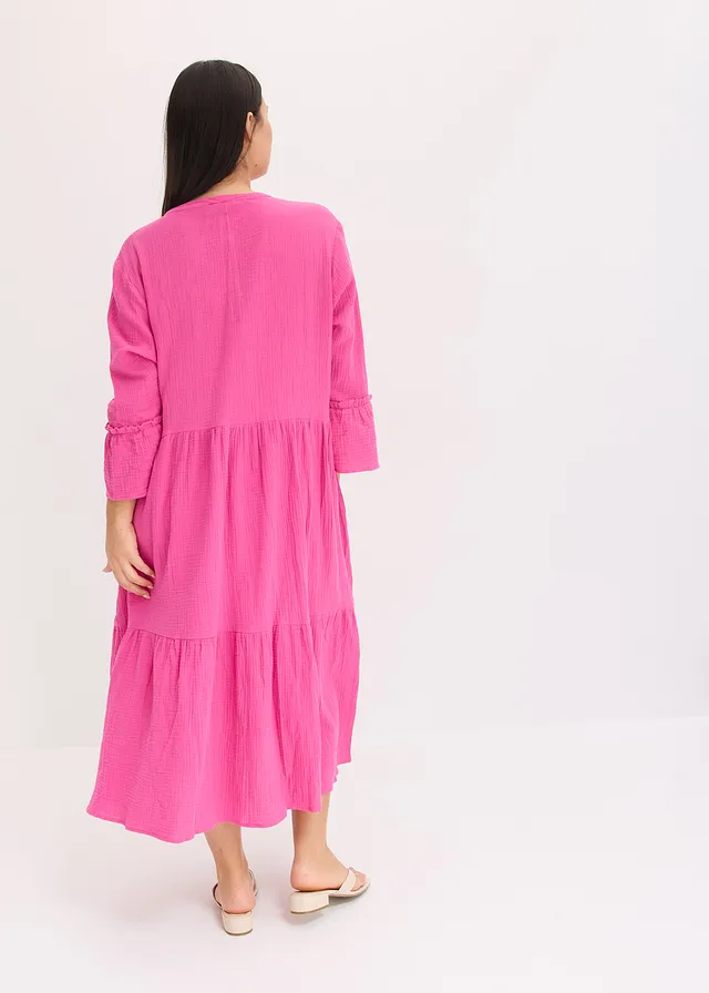 Midi jurk van zachte mousseline, Kleur: fuchsia
