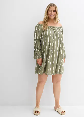 Carmen šaty ze splývavé viskózy, barva: hnědozelená/bílá