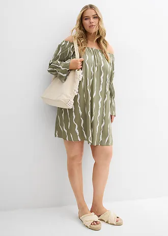 Carmen šaty ze splývavé viskózy, barva: hnědozelená/bílá
