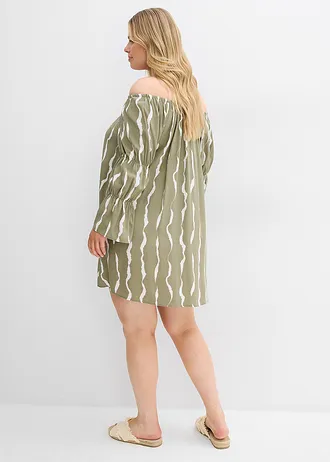 Carmen šaty ze splývavé viskózy, barva: hnědozelená/bílá