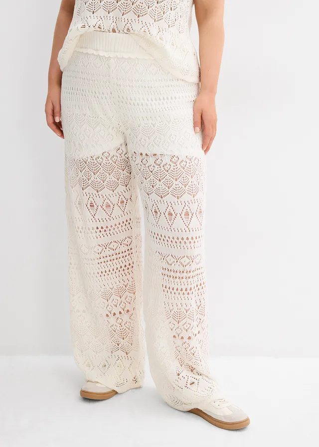 Pantalon en maille ajourée à taille élastiquée, Couleur: écru