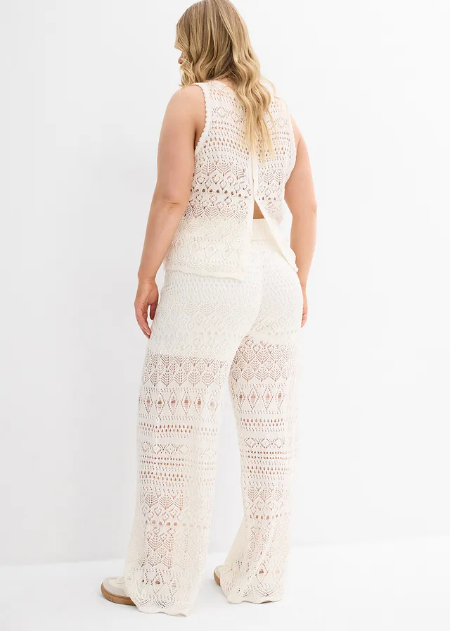 Pantalon en maille ajourée à taille élastiquée, Couleur: écru