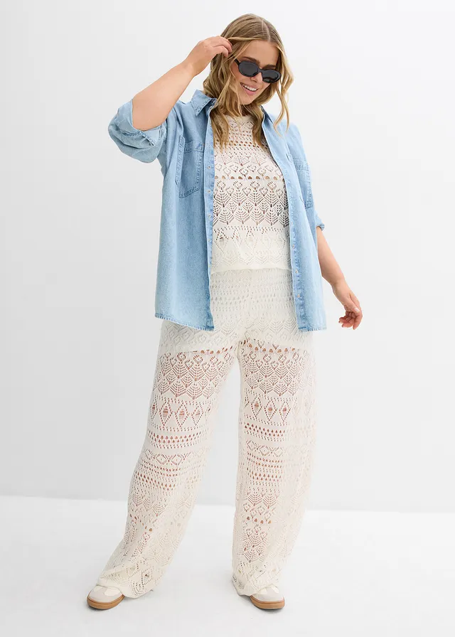 Pantalon en maille ajourée à taille élastiquée, Couleur: écru