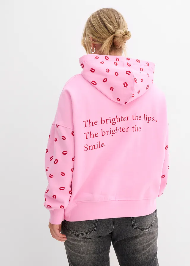 Sweat à capuche oversize 100% coton, Couleur: rose/rouge imprimé