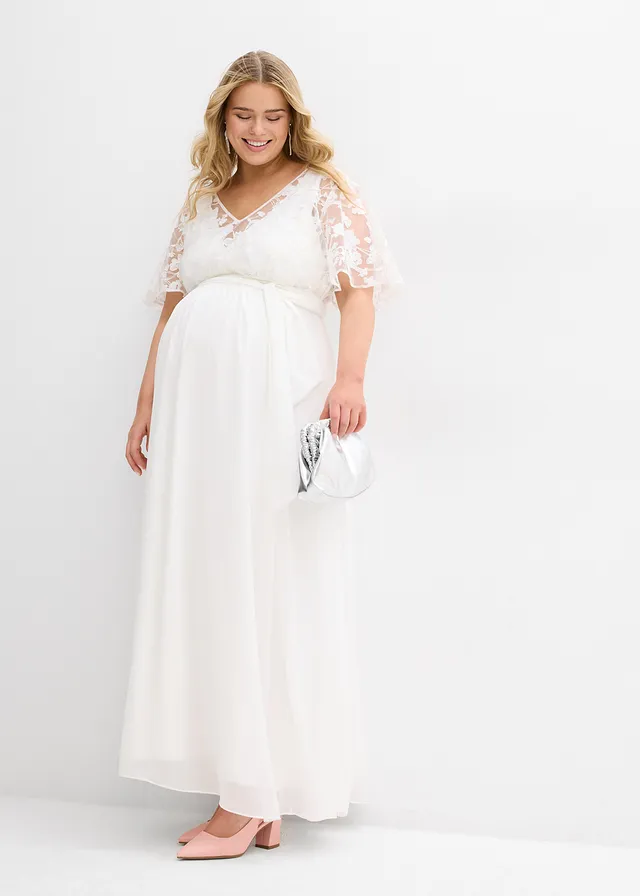 Robe de mariée 2en1 pour femme enceinte avec fonction allaitement discrète, Couleur: écru