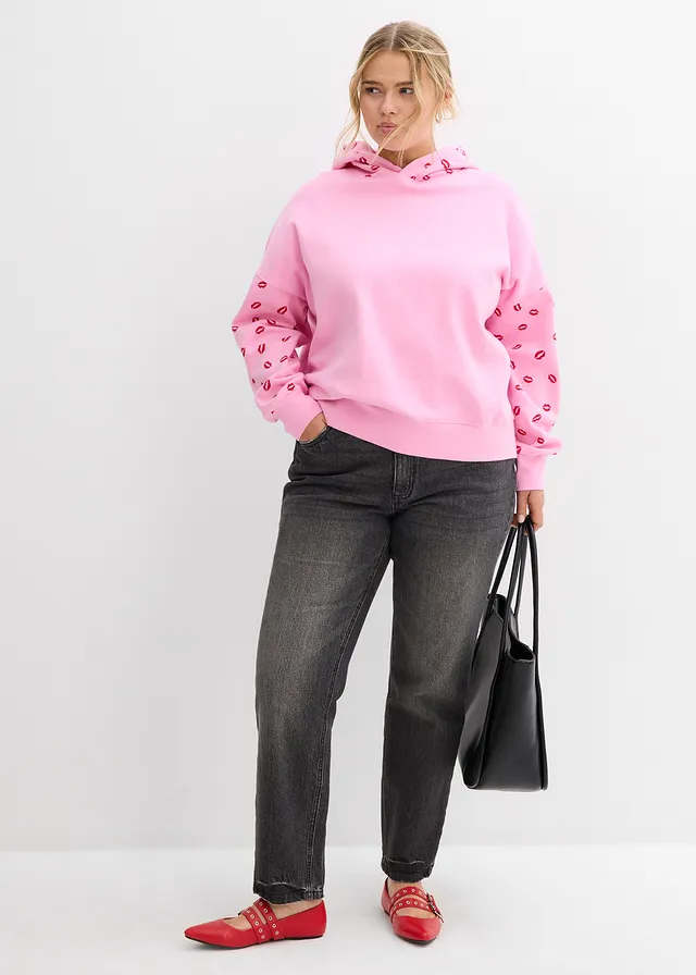 Sweat à capuche oversize 100% coton, Couleur: rose/rouge imprimé