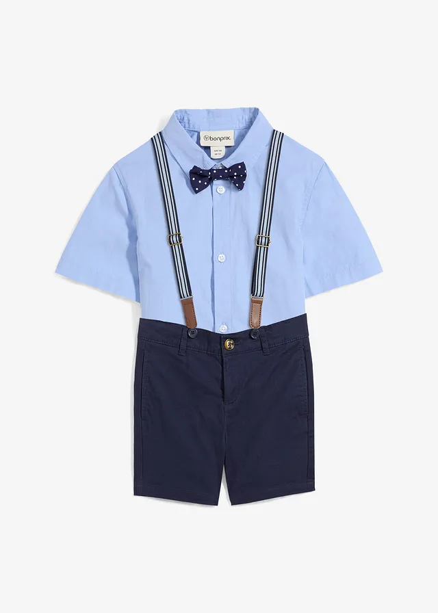 Cămașă cu mâneci scurte, bermude chino, bretele și papion (set/4 piese)