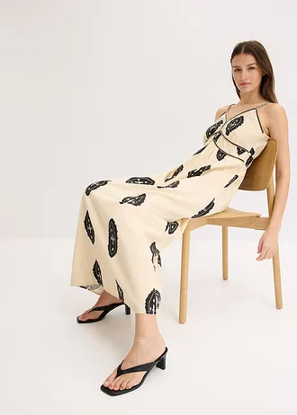 Mintás lenvászon maxi ruha könnyű lenvászon-keverékből • homokszínű/fekete • bonprix áruház