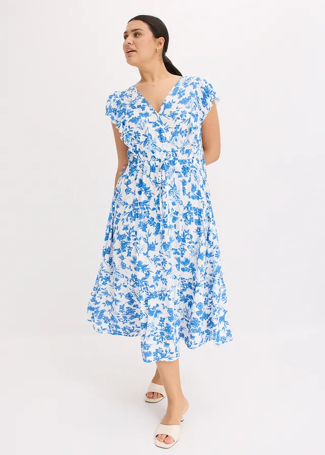 Robe midi en viscose fluide, Couleur: blanc/bleu