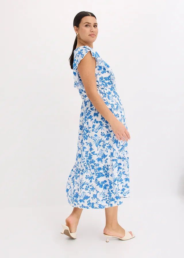 Robe midi en viscose fluide, Couleur: blanc/bleu