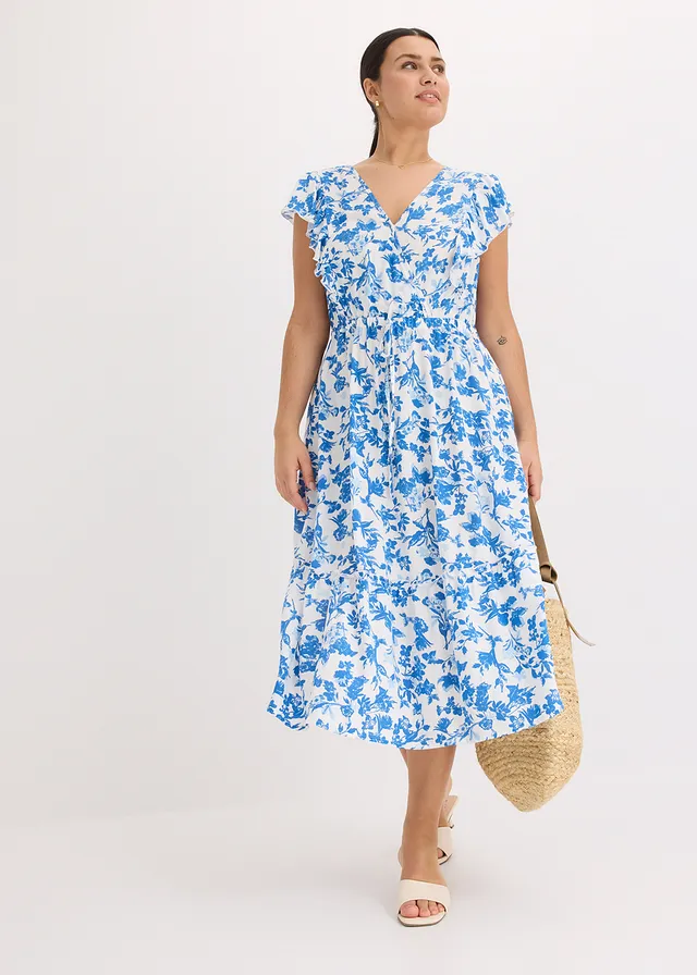 Robe midi en viscose fluide, Couleur: blanc/bleu