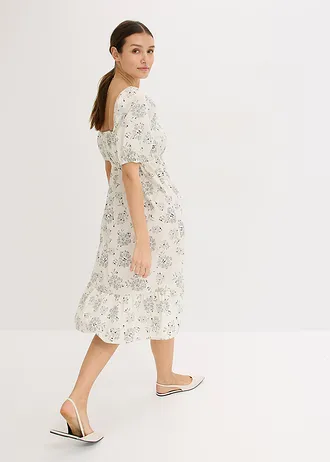 Midi jurk met pofmouwen, Kleur: ecru/zwart gebloemd