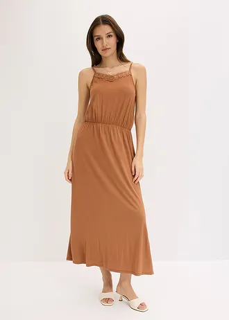 Jersey jurk met kant, Kleur: kastanjebruin