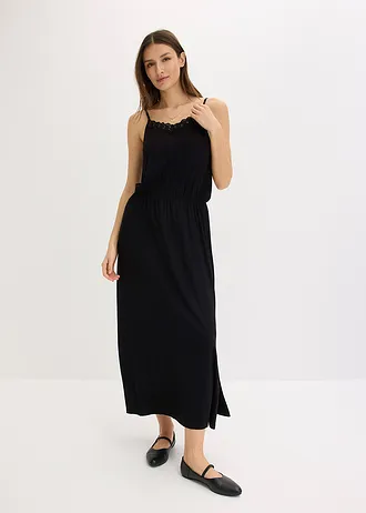 Jersey jurk met kant, Kleur: zwart