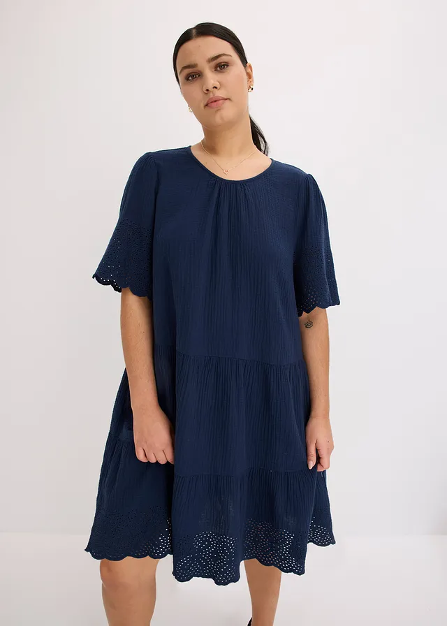 Robe en gaze de coton à broderies anglaises, Couleur: bleu foncé
