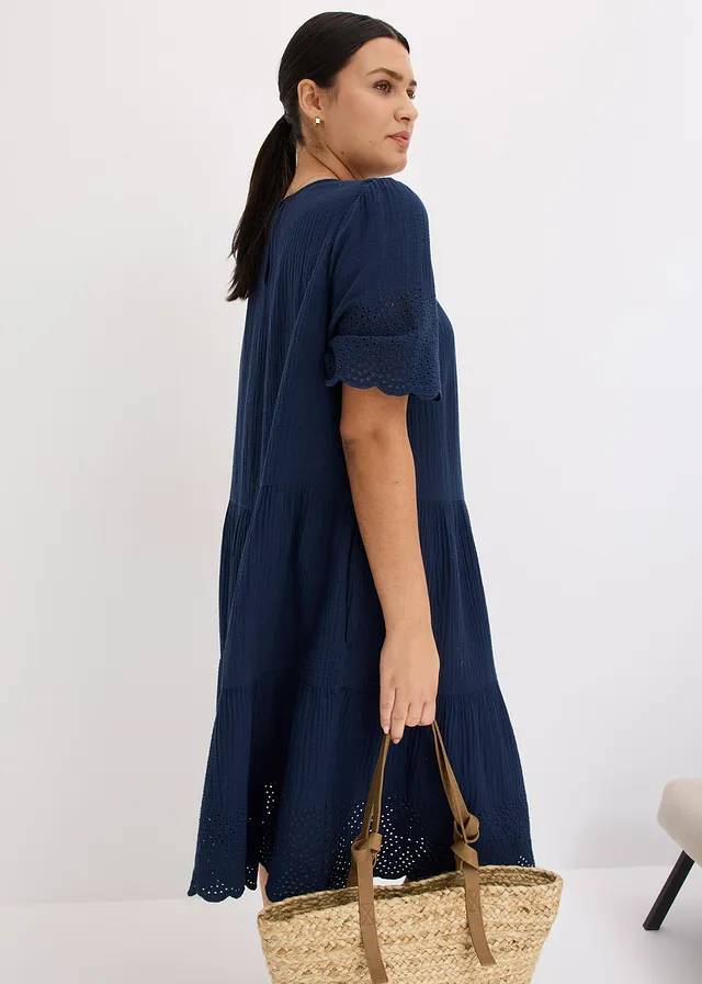 Robe en gaze de coton à broderies anglaises, Couleur: bleu foncé