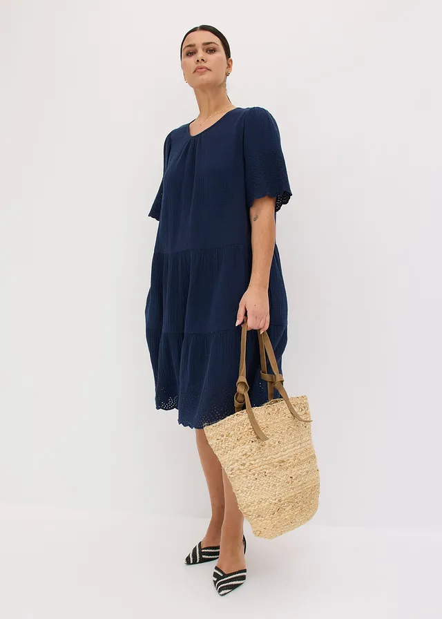 Robe en gaze de coton à broderies anglaises, Couleur: bleu foncé