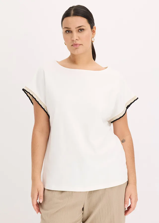 Shirt van puur katoen met versiering, Kleur: wolwit