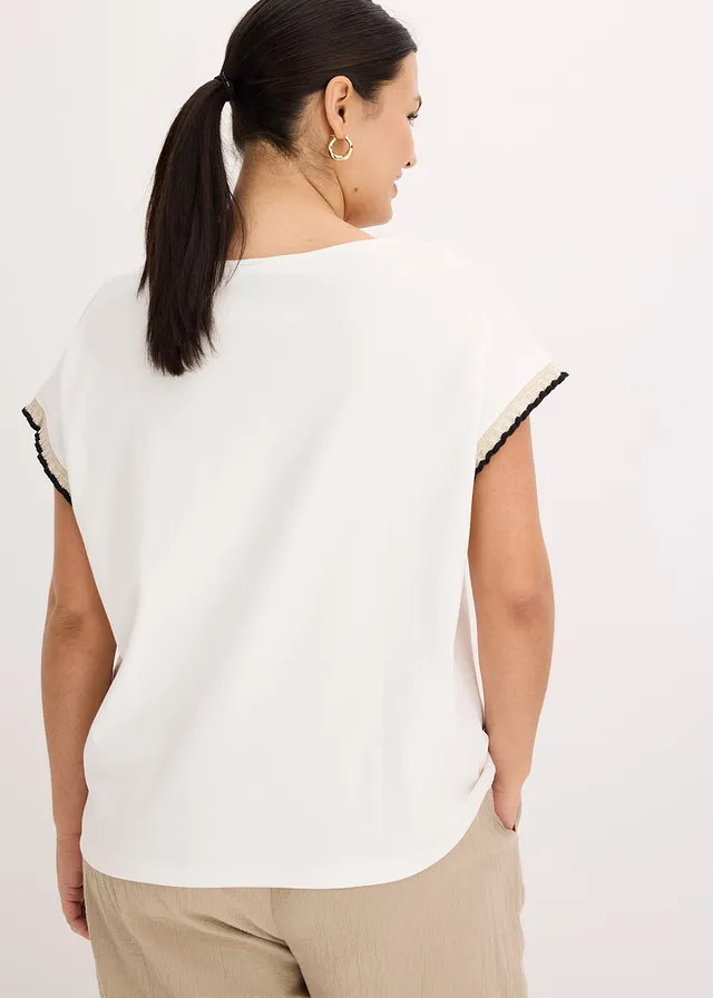 T-shirt en coton à liseré contrastant, Couleur: blanc cassé