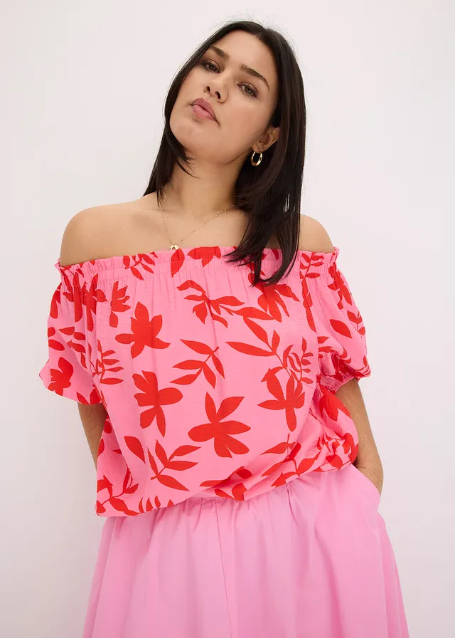Gedessineerde Carmen blouse van een fijne viscosemix, Kleur: rood-pink gebloemd
