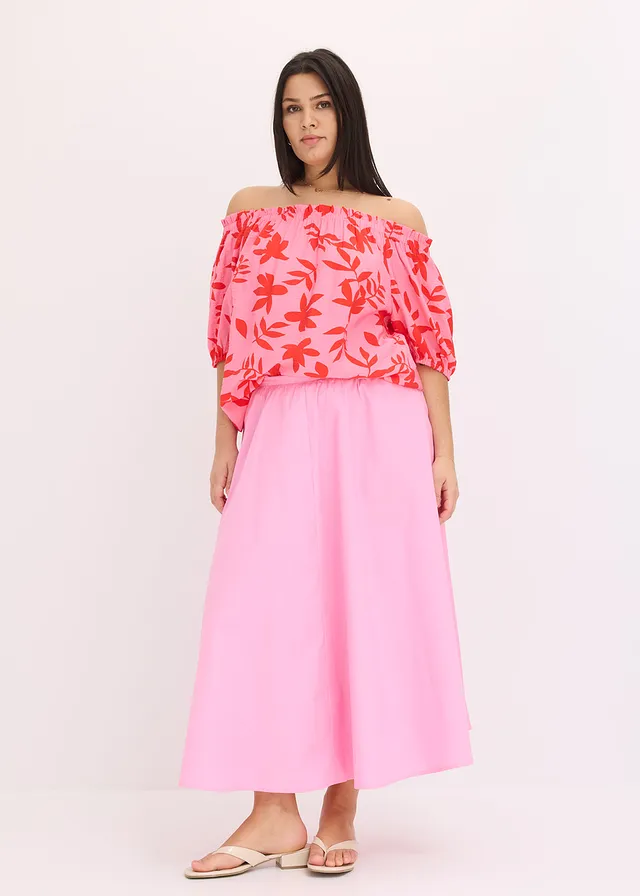Gedessineerde Carmen blouse van een fijne viscosemix, Kleur: rood-pink gebloemd