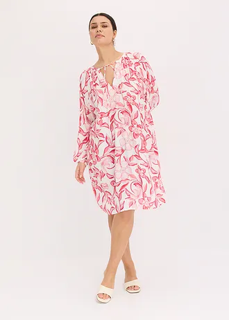 Robe-tunique imprimée en viscose fluide, Couleur: écru-rose vif floral