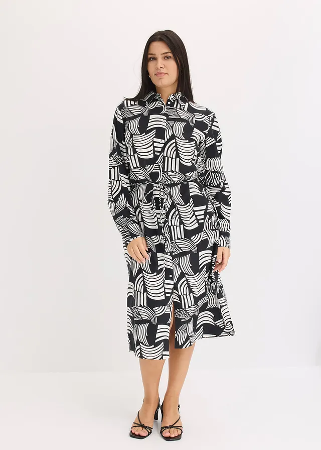 Robe-chemise légère en lin majoritaire, Couleur: noir-blanc cassé