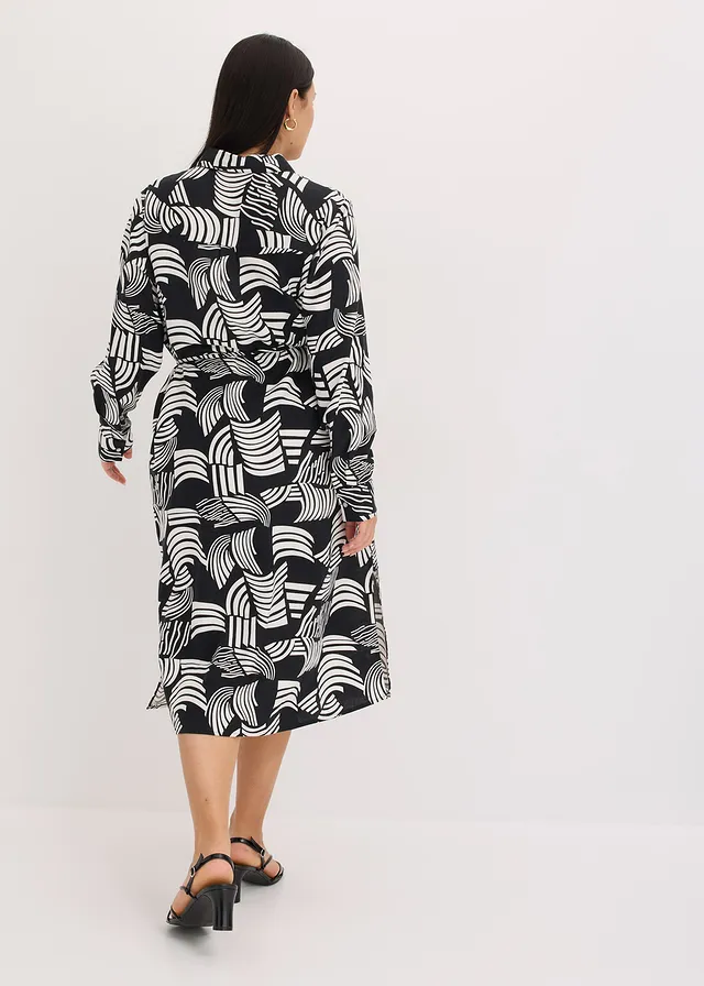 Robe-chemise légère en lin majoritaire, Couleur: noir-blanc cassé