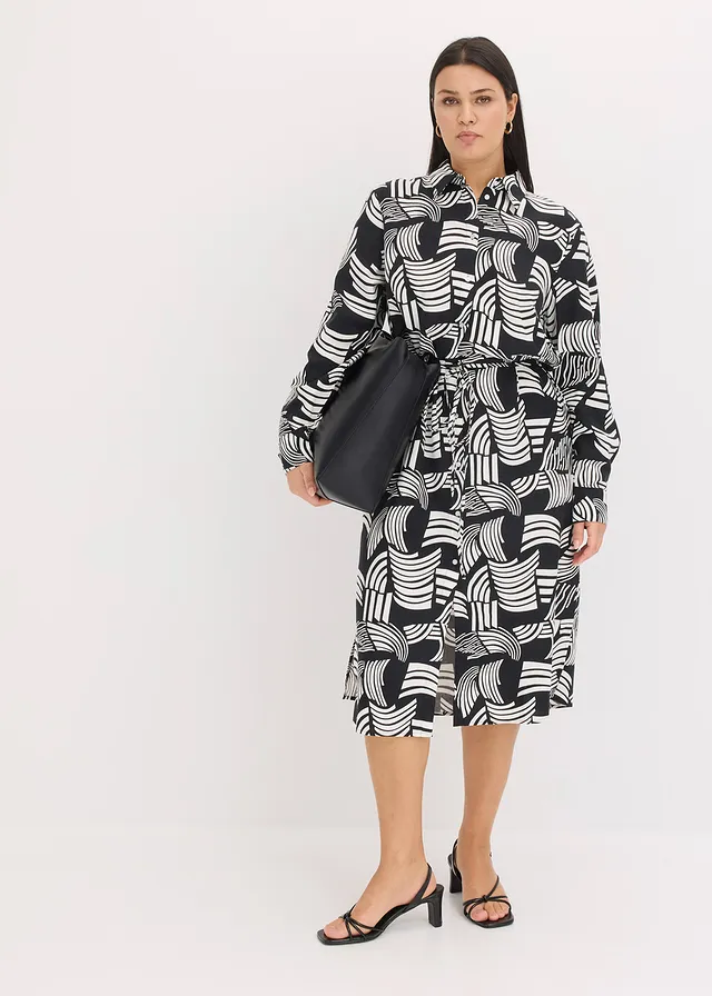 Robe-chemise légère en lin majoritaire, Couleur: noir-blanc cassé