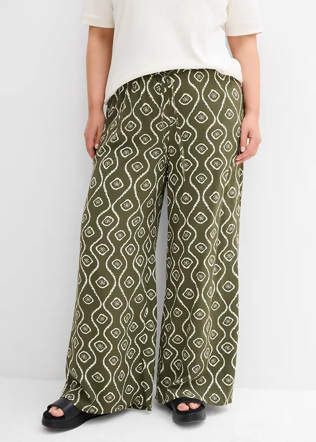 Pantalon à taille élastiquée en viscose fluide, Couleur: olive foncé imprimé